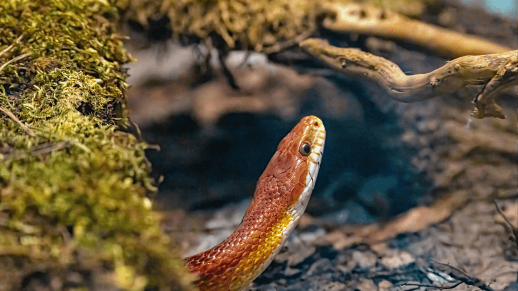 A snake looking out of a hide