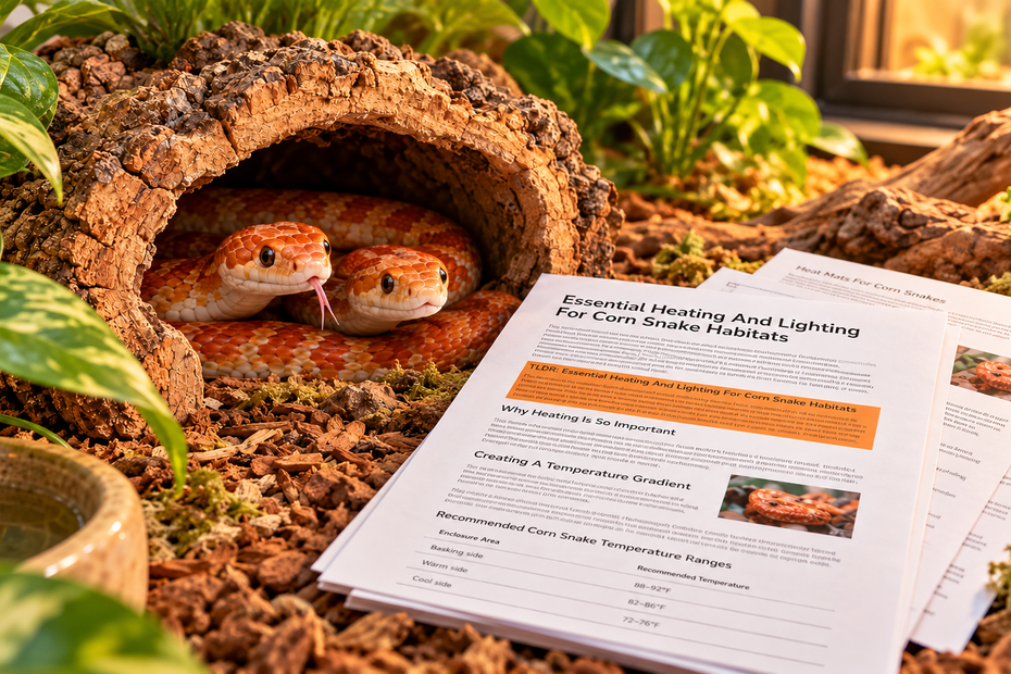 Two orange-and-white corn snakes peeking out of a cork bark hide beside printed pages about heating and lighting for corn snake habitats.