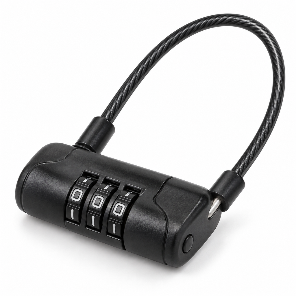 Black three-digit combination cable lock with a flexible steel cable, illustrating a locking accessory for securing reptile terrarium doors.