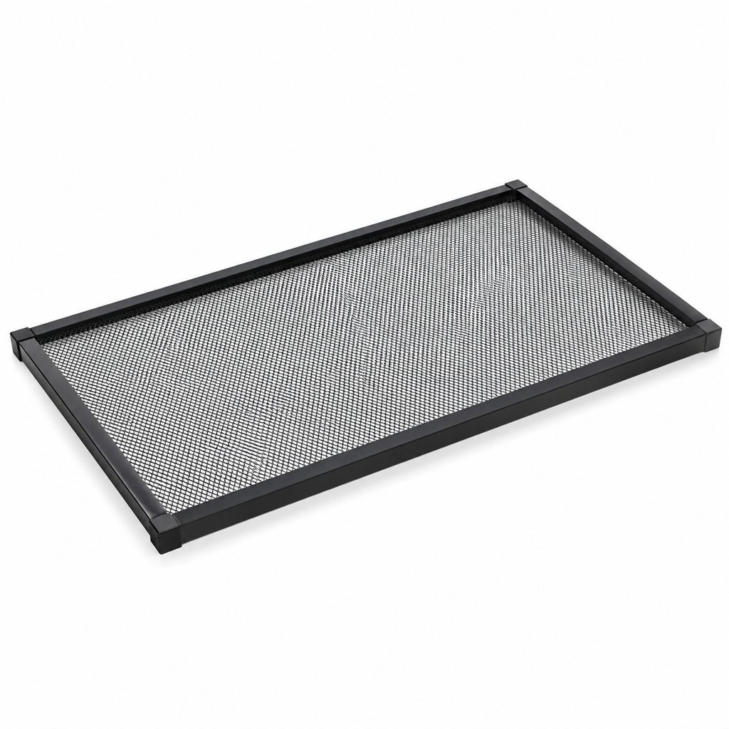 Rectangular black metal mesh screen cover with a sturdy frame, illustrating a ventilated lid for a reptile terrarium.