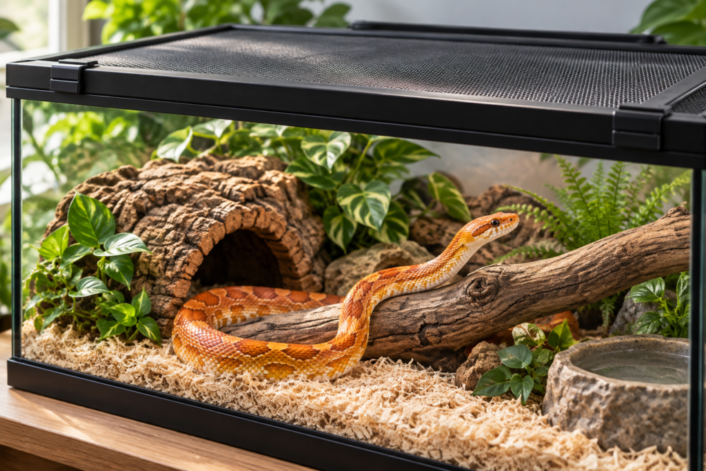 Corn snake enclosure lid safety featuring an orange corn snake climbing a wooden branch inside a naturalistic glass terrarium with a fitted black mesh lid, cork bark hide, green plants, and water bowl.