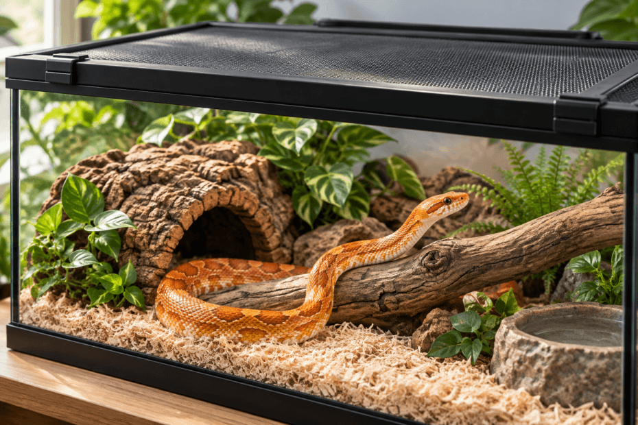 Corn snake enclosure lid safety featuring an orange corn snake climbing a wooden branch inside a naturalistic glass terrarium with a fitted black mesh lid, cork bark hide, green plants, and water bowl.